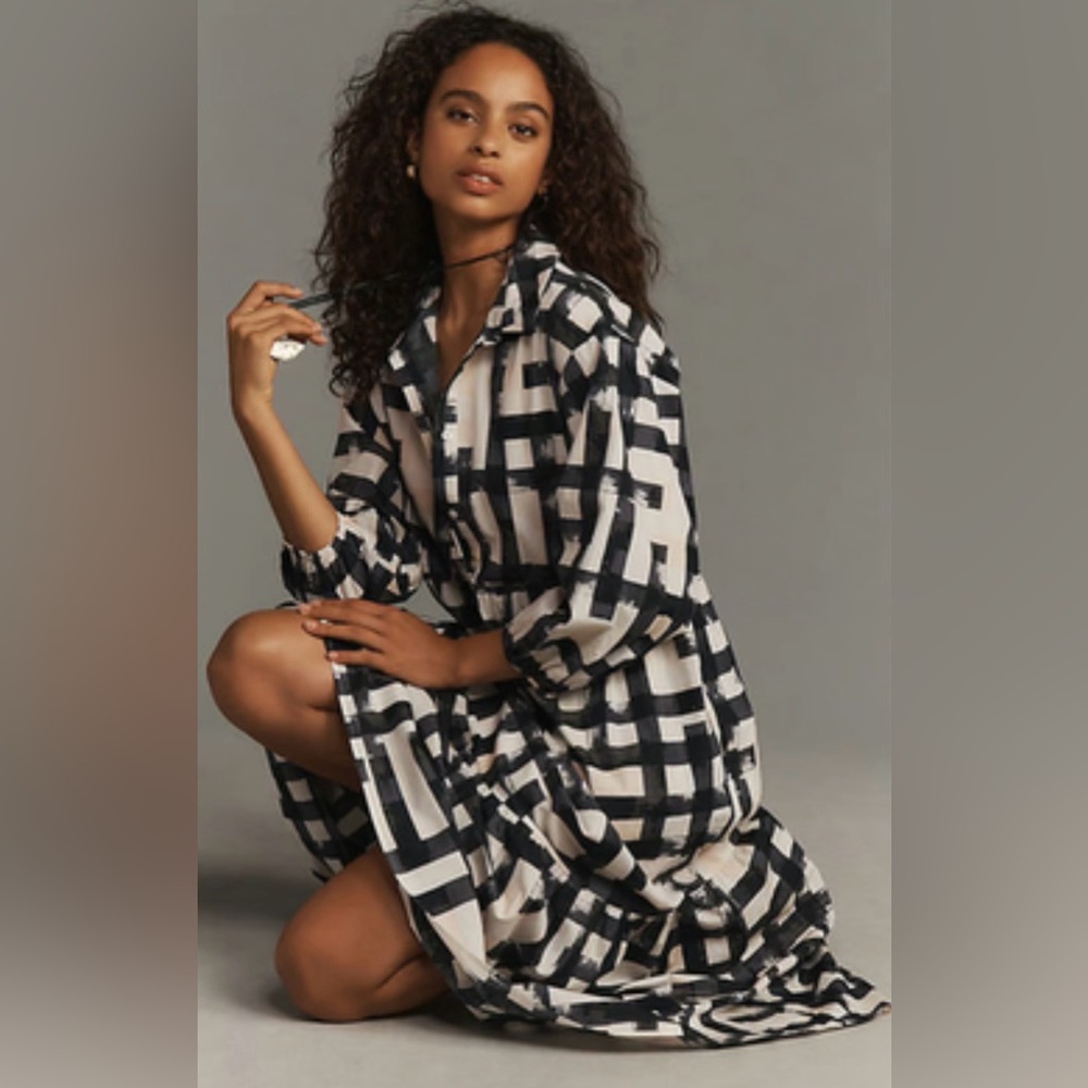 Maeve Black & Cream Geometric Button-Front Sleep Shirt Dress